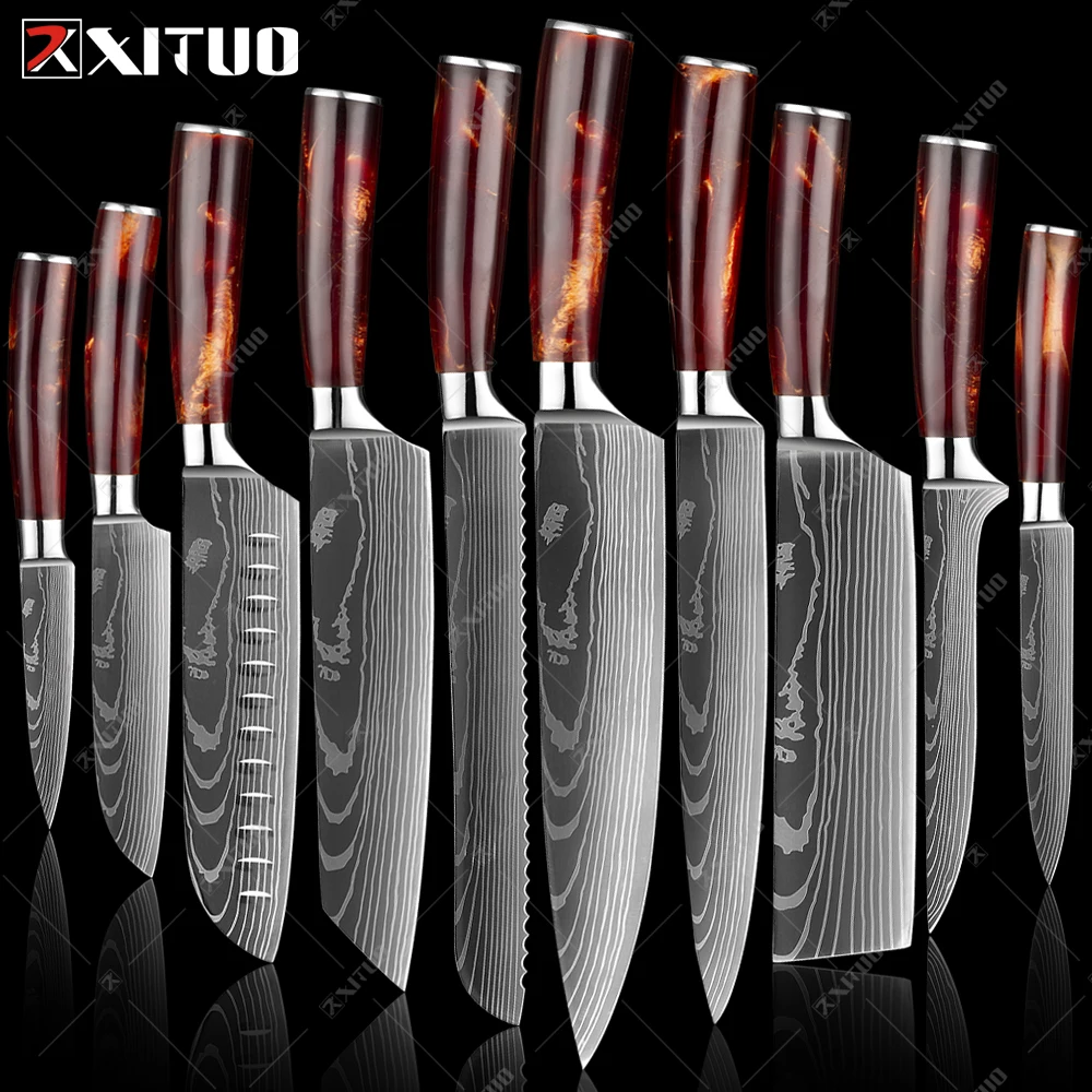 

XITUO kitchen knives Set Laser Damascus pattern chef knife Sharp Santoku Cleaver Slicing Utility Knives Resin Handle Best Gift