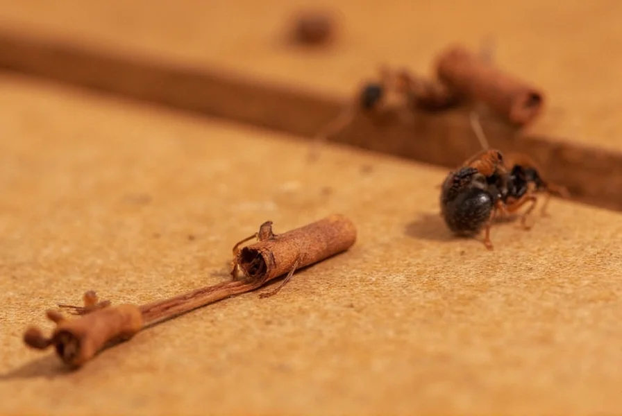 Close-up view of ants avoiding a line of cinnamon powder on kitchen counter