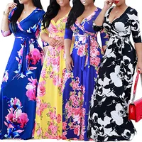 

Women fashion three quarter sleeve v-neck floral printed boho long maxi dress plus size beach sundress evening party dress