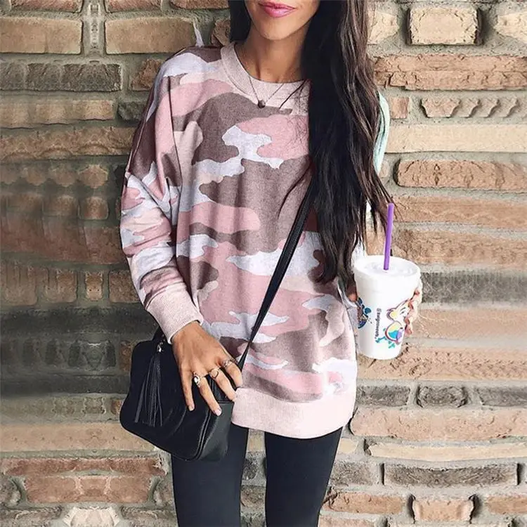 

New Arrival 2021 Women Clothing Fashionable Camouflage Women Top Print Ladies Blouse Long Sleeve O-Neck Shirts Hoodies