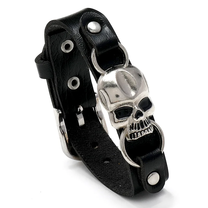 

Vintage Retro Rivet Punk Hip Hop Leather Skull Skeleton Biker Charm Custom Bracelet Mens Jewelry