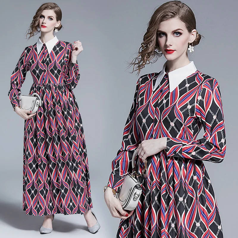 

2019 Korean Women Casual Dresses Fashion Retro Long Sleeve Maxi Dress For Party