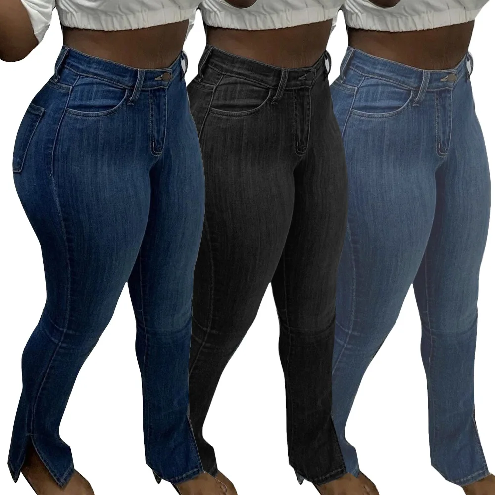 

5352 Women's fashion sexy tight-fitting micro-side slit high stretch denim trousers pencil feet pants, Black dark blue light blue