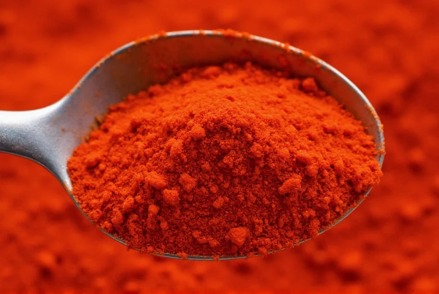 Close-up of ghost pepper powder being carefully measured with a tiny spoon, showing vibrant red color