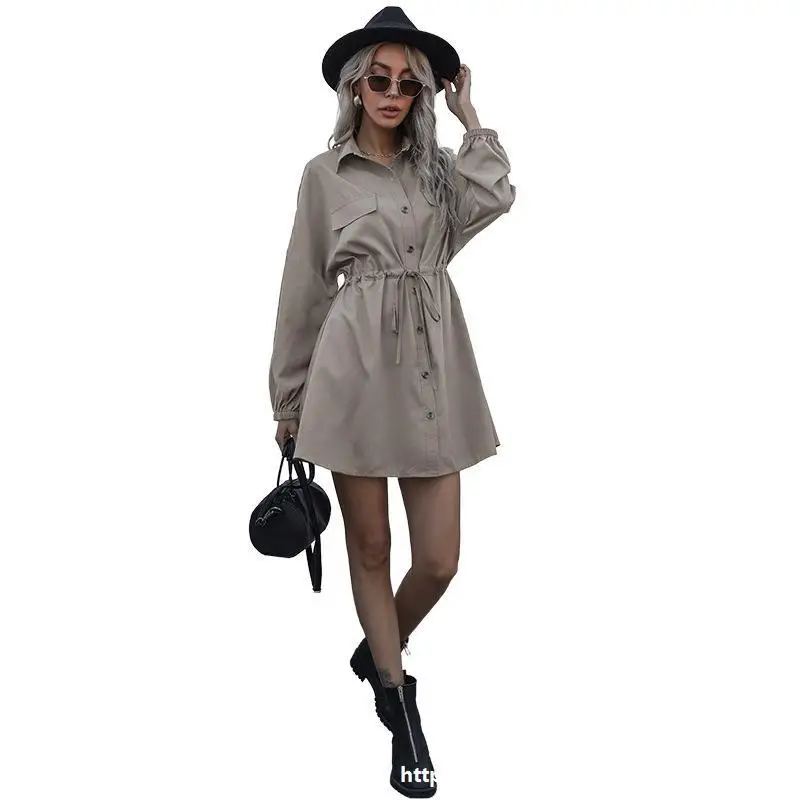 

Women's lapel pure color in the long dress waist cardigan female autumn