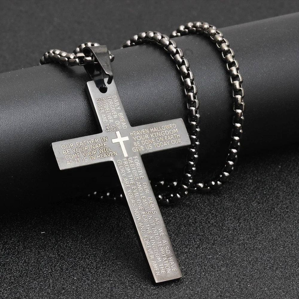 

Fashion Stainless Steel Letter Engraved Bible Cross Jewelry Pendant Necklace