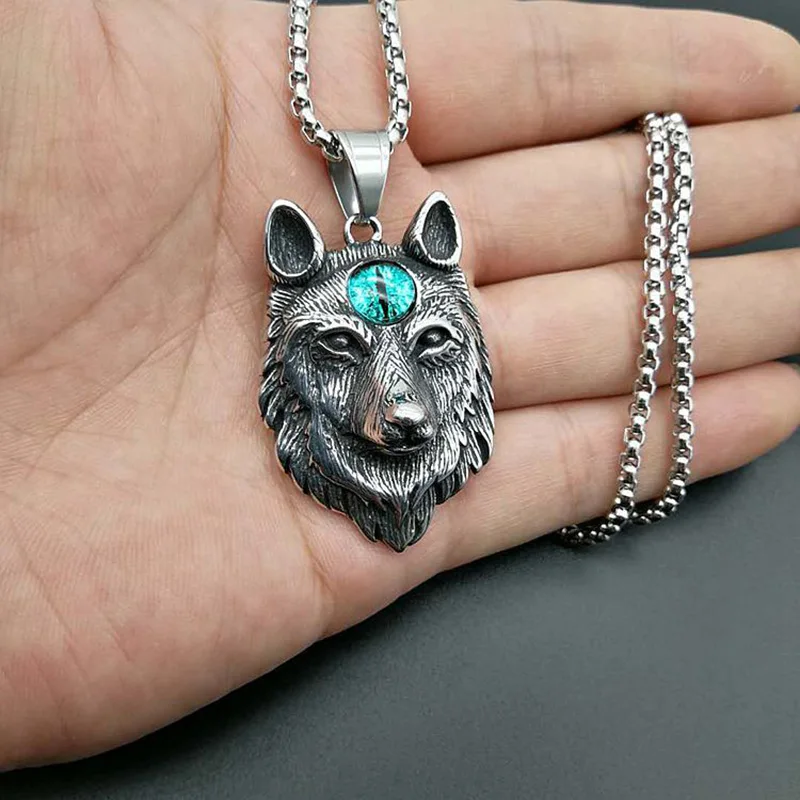 

Mens Vintage 24 Inches Chain Evil Eye Wolf Talisman Pendant, Silver + black