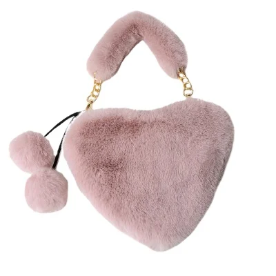

New fashion cute plush heart-shaped bag female furry love handbag chain peach heart diagonal bag