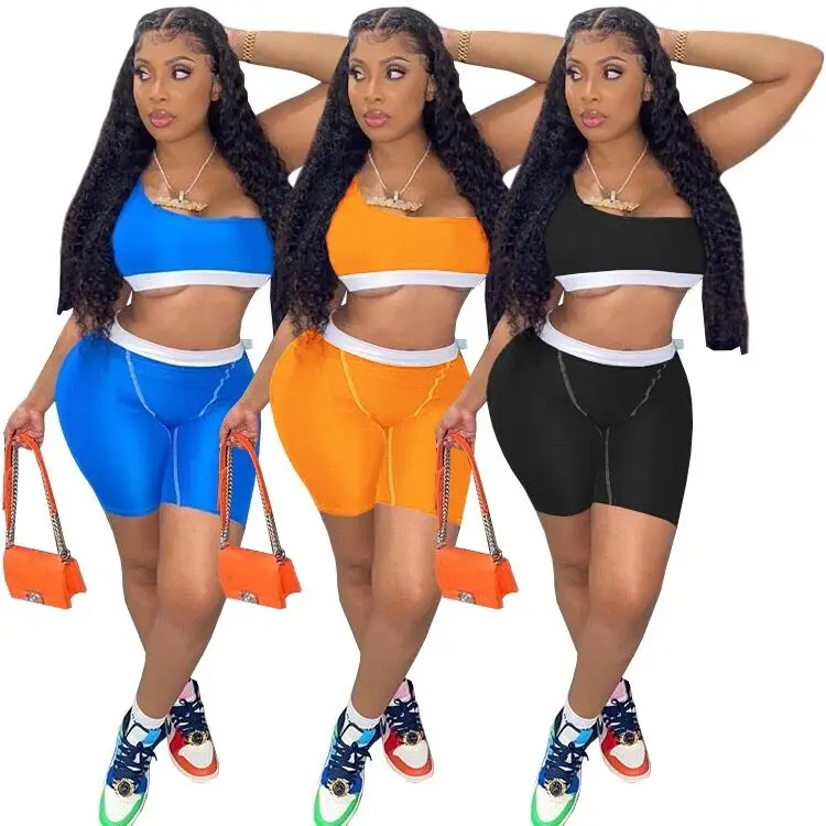 

Wholesale Breathable Summer Solid Color One Shoulder Vest Sport Shorts Women Shorts Two Piece Set, Orange, blue,black
