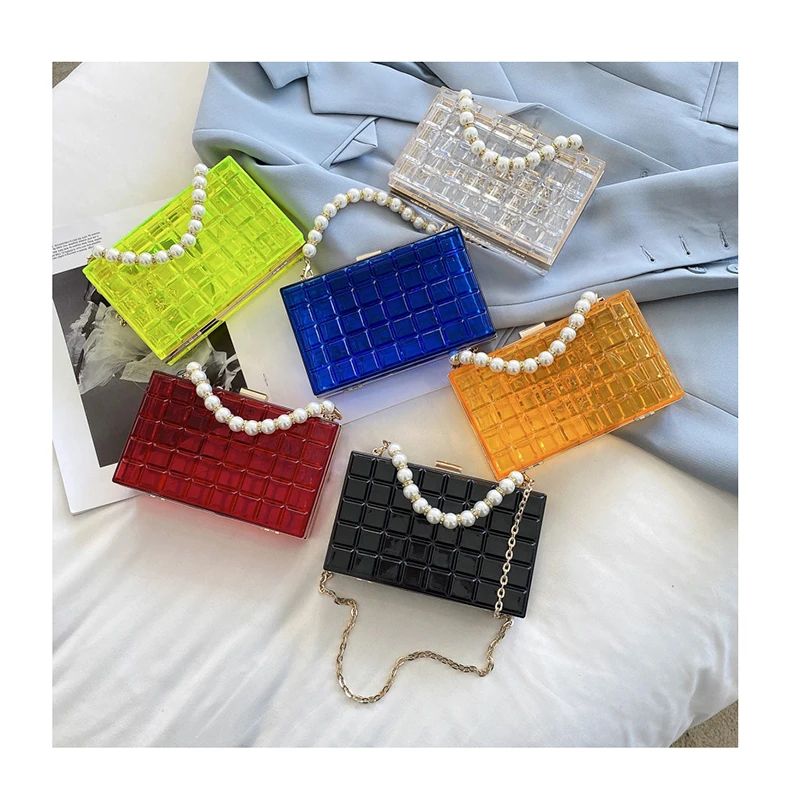 

Chocolate Plaid New Acrylic Transparent Women Clutch Box Bag Pearls Chain Messenger Bag Evening Handbag Clear Shoulder Phone Bag