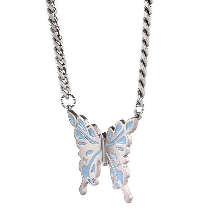 

New Drip Glaze Butterfly Pendant Long Necklace Simple Hip Hop Trendy Men Alloy Necklace Party Street Casual Jewelry, Matt gold sub-silver coloe