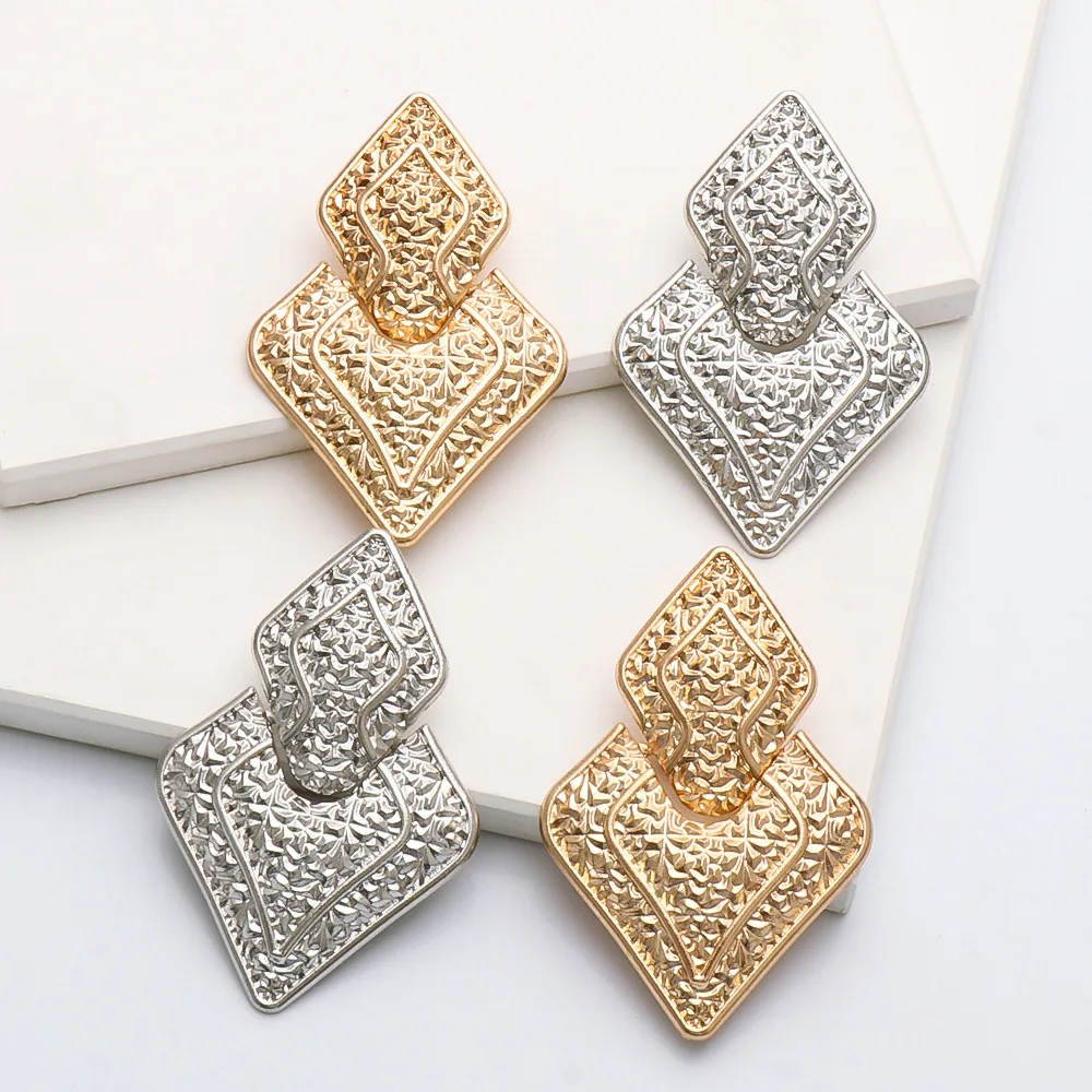 

Hot Selling European Rhombus Drop Earrings Gold Silver Plated Geometric Textured Dangle Earrings For Women