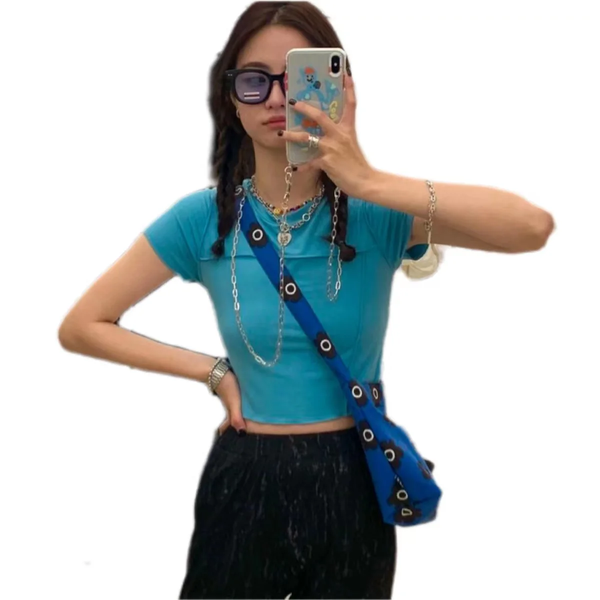 

Stitching solid color round neck short-sleeved T-shirt women's 2022 summer sexy chic sweet slim slim short top