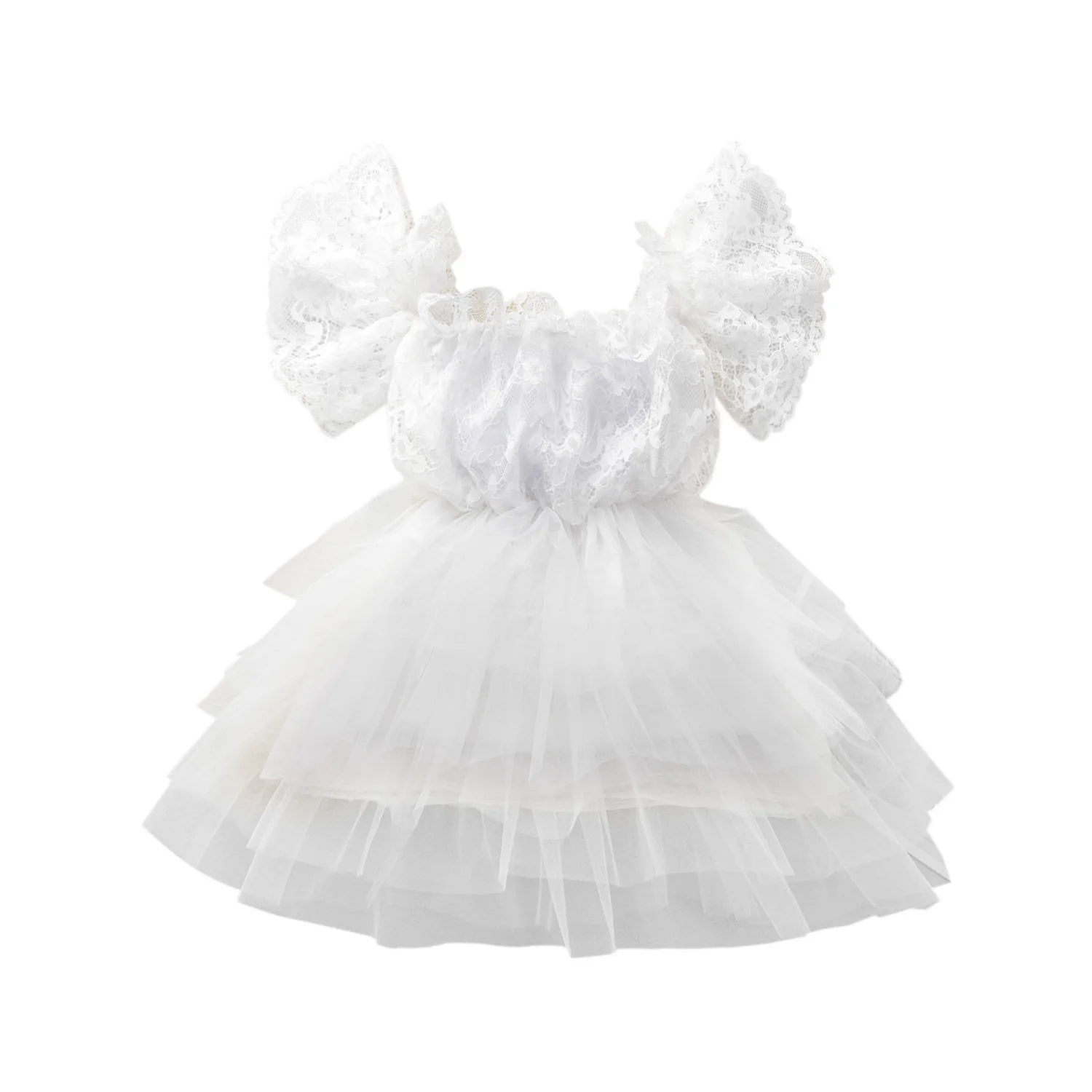 

A white one-word, open-shouldered shaggy dress Dress gauze skirt, peng peng skirt one piece baby clothes