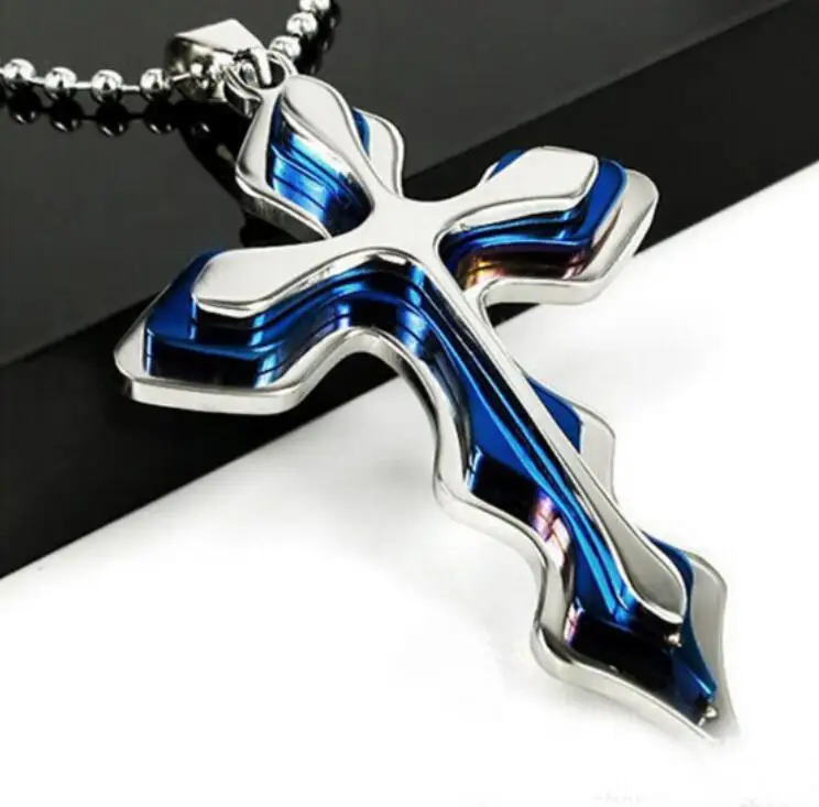 

Men's Silver Blue Stainless Steel Cross Pendant W/ Free Chain Necklace