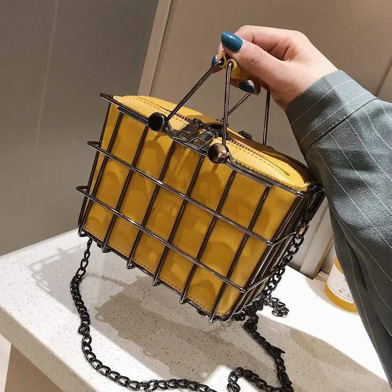 

2020 New Design Metal Bucket Bag Pu Leather Suit Basket Style Sling Crossbody Shoulder Bag Trendy Handbags Totes Ladies