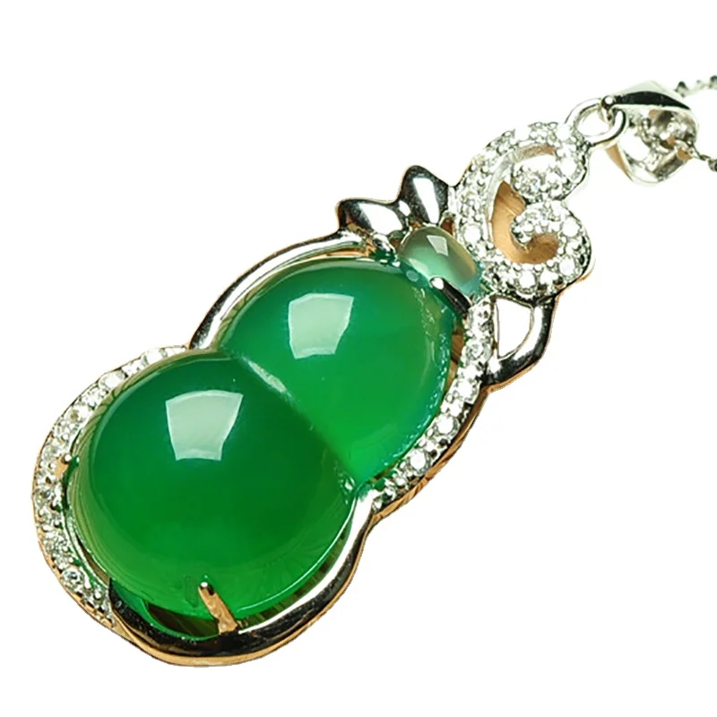 

Certified Women's Silver Inlaid Jade Necklace Jade Pendant 925 Silver Inlaid Jade Green Chalcedony Gourd Pendant