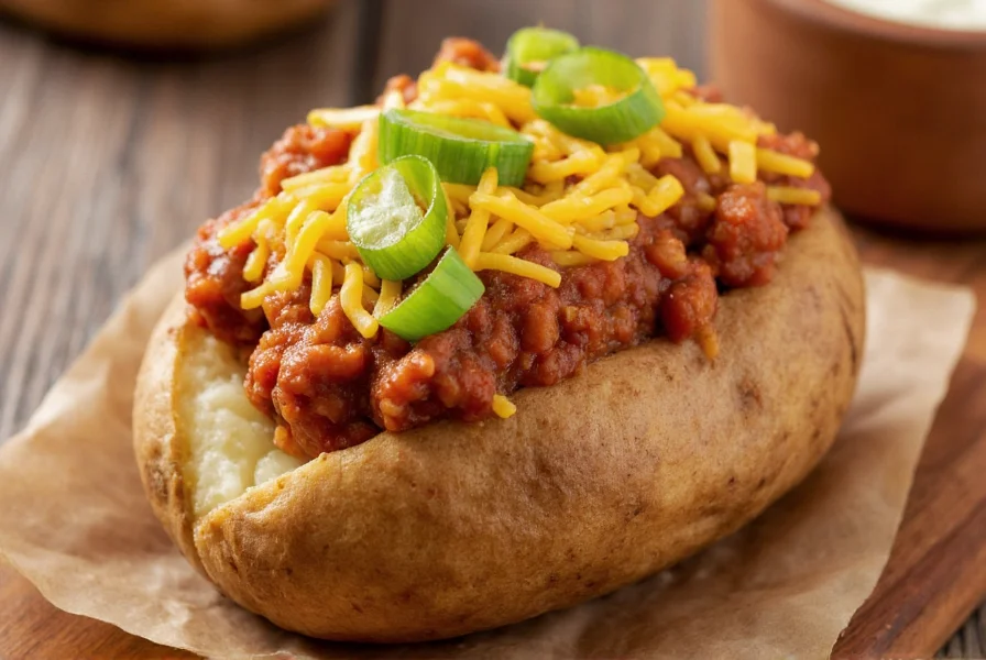 Perfectly baked russet potato split open with steaming chili topping, melted cheddar cheese, and fresh green onions