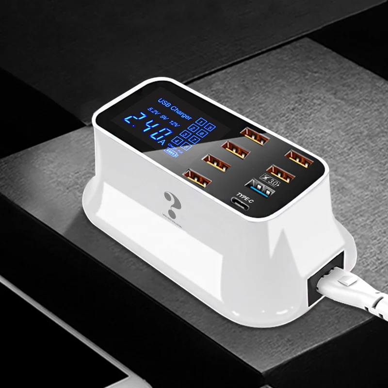 

USB Fast Charger with Hub LCD Display 3.0 Fast Charge Multi-Port Fast 8 Amp USB Charger, White