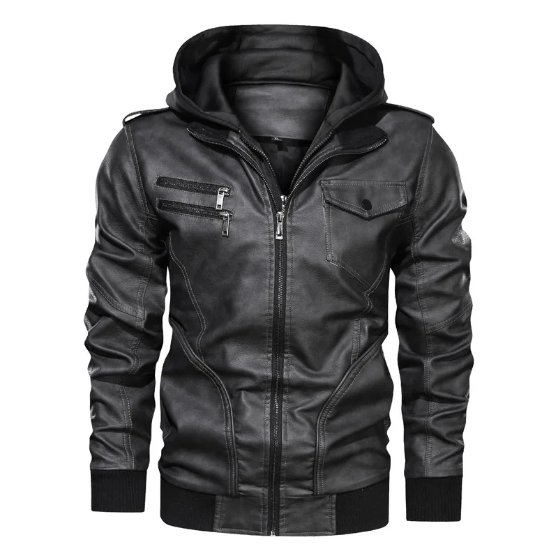 

Men's detachable hooded PU leather jacket large casual motorcycle leather jacket with a stand-up collar in solid color