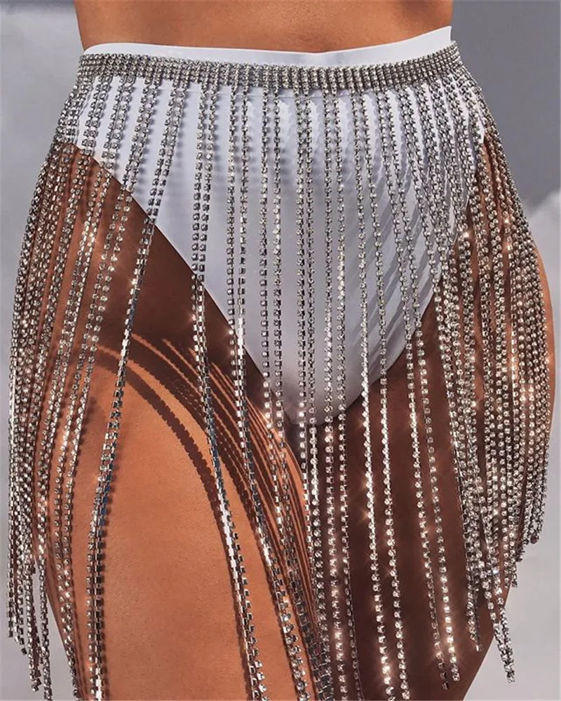 

Women's summer new shiny tassel skirt rhinestone body chain dress beach bikini body jewelry