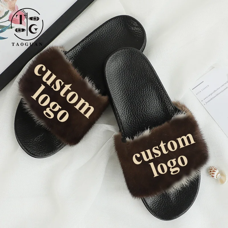

Custom logo color mink fox raccoon fur slipper women's luxury big real mink racoon fur slides sandals, Customized color