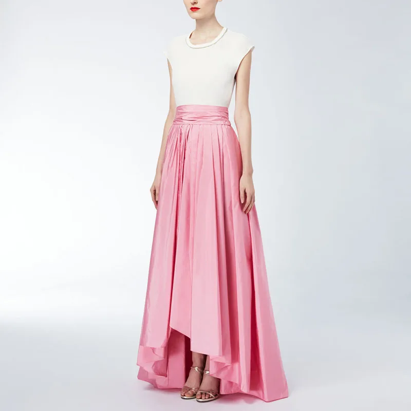 

New high waist pink dress asymmetric formal dress high custom pleated high and low satin dress ladies