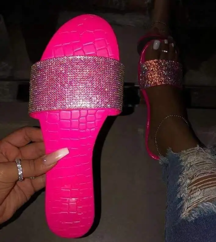 

2020 New fashionable style Footwear Rhinestone slippers for women lady colorful slide sandal, White, yellow, black, pink