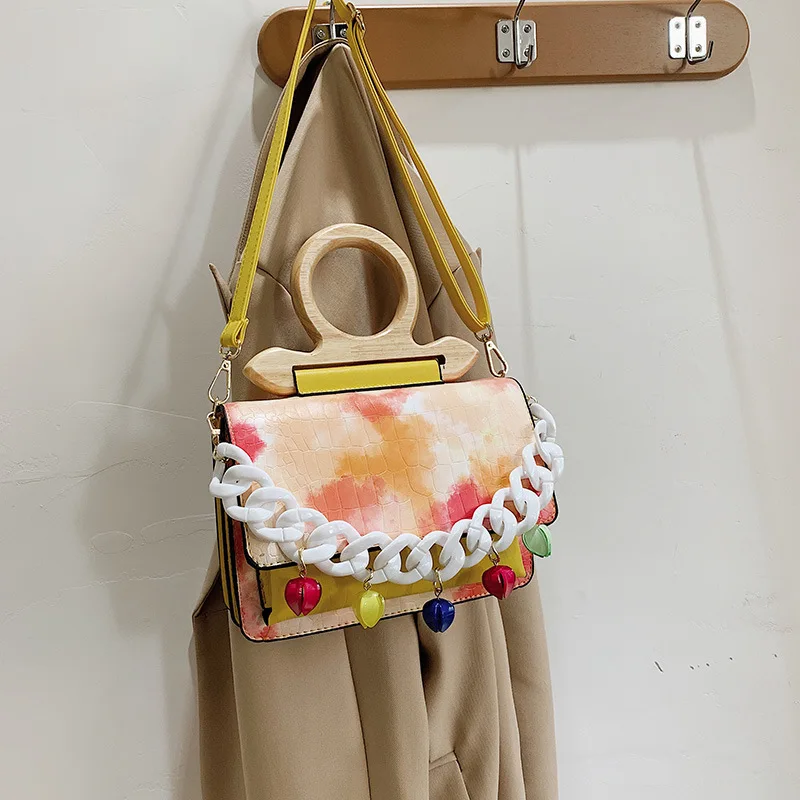 

2021 New Fashion Chain Small Square Bags Wooden Handle Ring Bolsas De Mano Women Luxury Handbags, Picture color