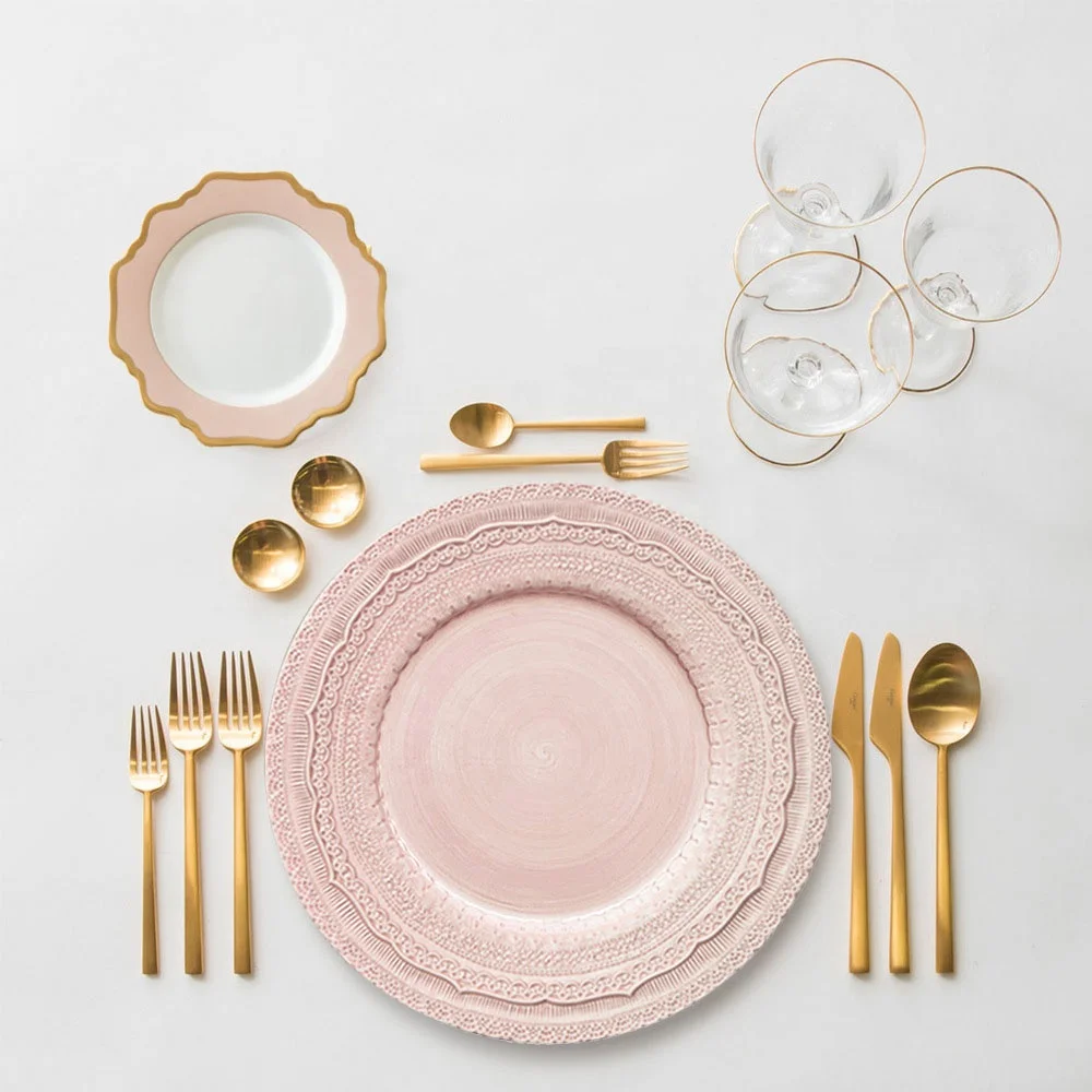 

Wholesale Wedding decoration table charger 13 inch embossed blush pink ceramic gold charger plates porcelain dinner plate, As shown