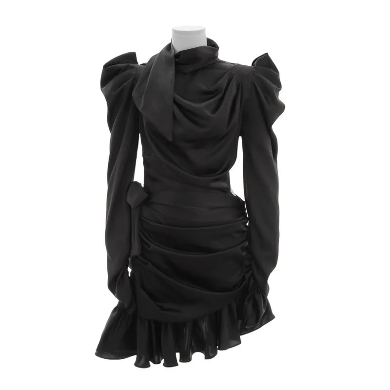 

CHICEVER Summer Elegant Solid Dress Women Asymmetrical Puff Sleeve High Waist Bandage Bow Mini Dresses 2020