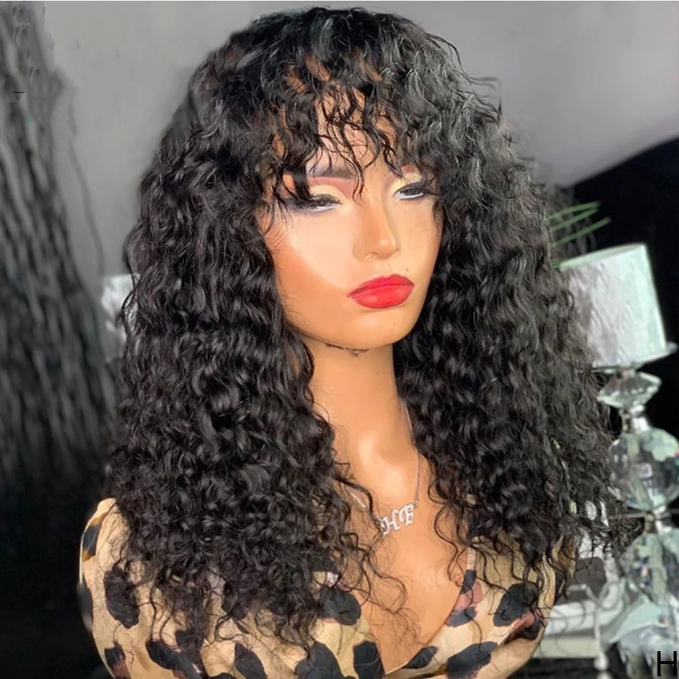 

Peruvian Human Hair Wig with Bangs Full Machine Made Wig 150 Density Scalp Base Remy Hair Curly Wigs for women