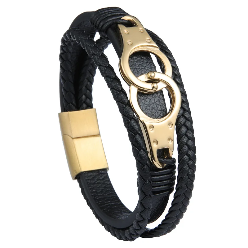 

Bestone Jewelry fashion Men Stainless Steel Handcuffs Multi-layer Braided Leather Mens Bracelets