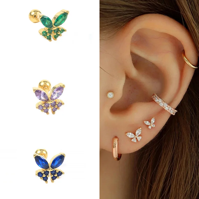 

Fashion aretes 14K gold plated earring jewelry butterfly colorful zircon 925 sterling silver studs earrings women