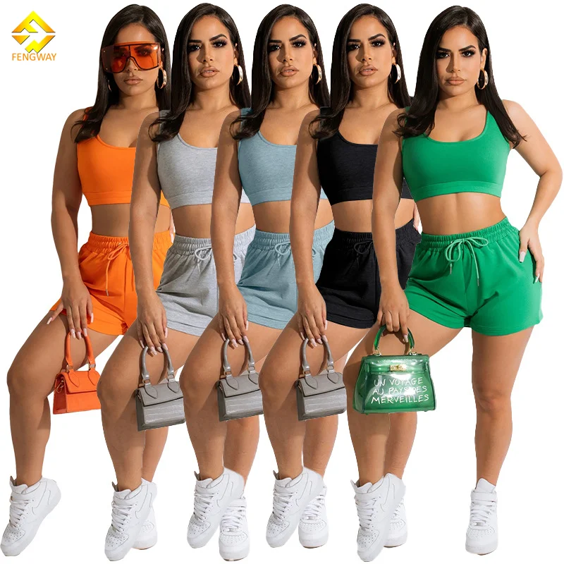 

fengway summer sets for women casual Breathable crop top tank top shorts suit womens fitness jogging two piece ste