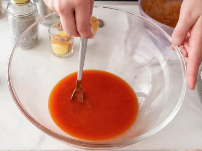 Mixing cocktail sauce in glass bowl