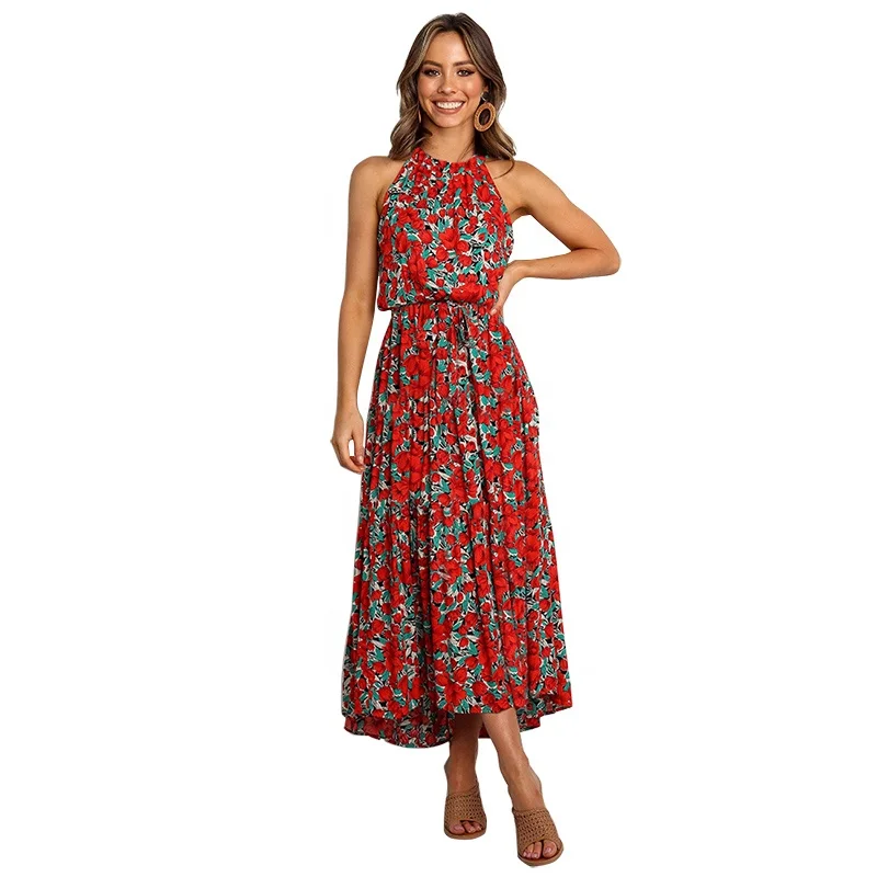 

Summer New Style Women O Neck Sleeveless Floral Casual Sexy Maxi Dress, Floral print