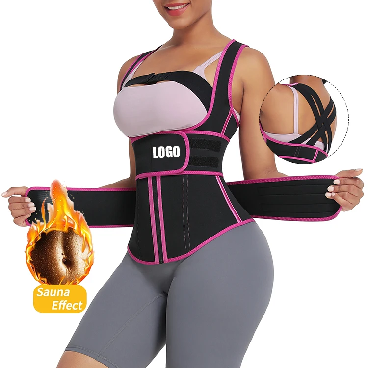 

New Women Chest Push Up Shapewear Back Support Belt High Compression Double Belt Waist Trainer Neoprene Vest, Black and pink