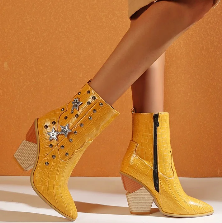 

Wood Grain Wedge Heels Short Booties Women Size 48 Rivets Shoes Start-Shape High Heels Ankle Boots, Black white brown yellow