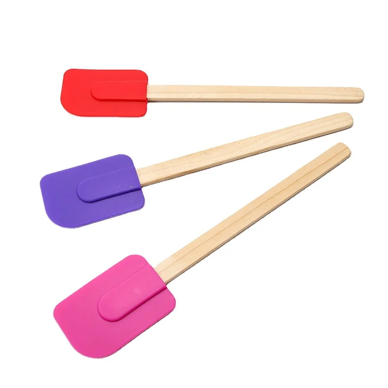 

Silicone mixing spatula with wooden handle Heat Resistant Non stick Rubber Spatulas Food grade Silicone kitchen gadgets, Exist color