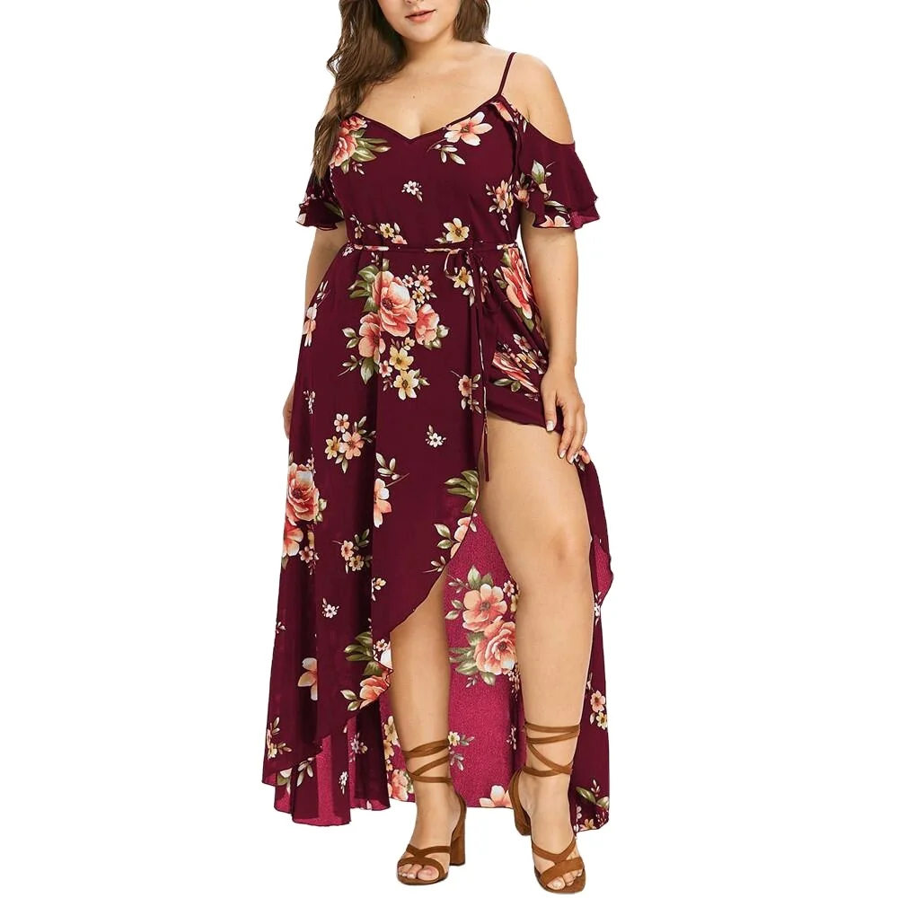 

2021 New Loose Summer Women Casual Short Sleeve Cold Shoulder Boho Flower Print Long Plus Size Maxi Dresses, Accept custom color