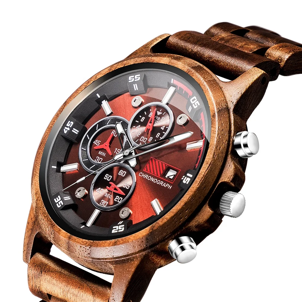 

Handmade Chronograph Sports Day Date Luminous No Logo Mens Wood Watch Walnut Montre En Bois