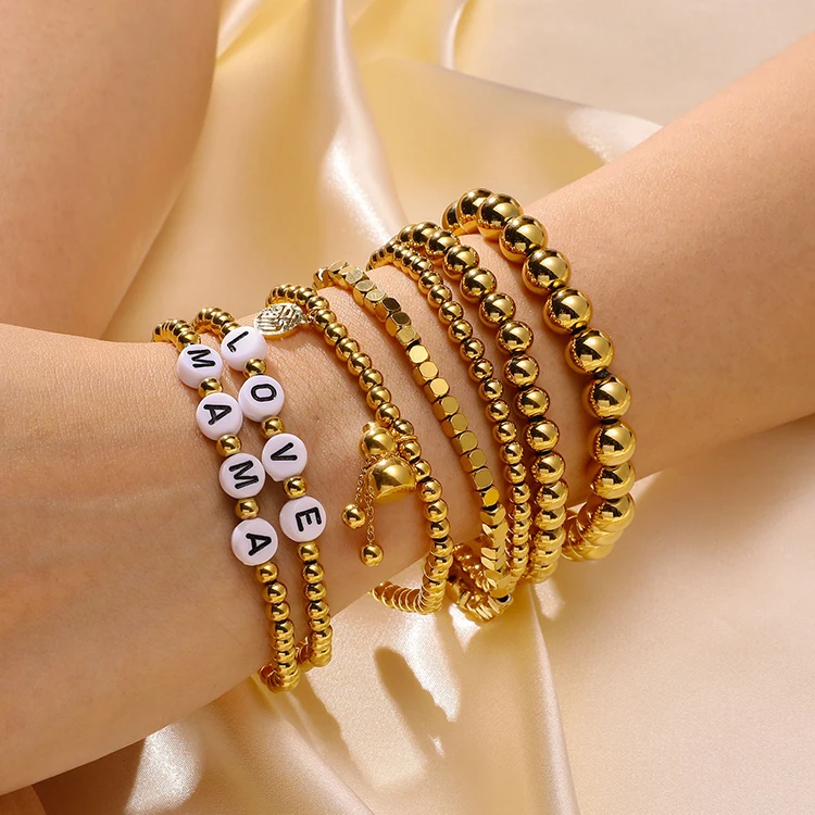 

G2154 New Product 18K Gold Plated Stainless Steel Metal Stacked Wholesale Bracelets Jewelry Stackable Gold Ball Beaded Bracelets