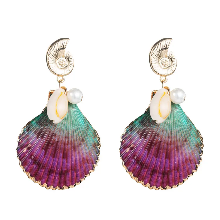 

European Style Boho 18K Gold Plating Shell Stud Earrings Peacock Blue Natural Conch Shell Drop Earrings for Women