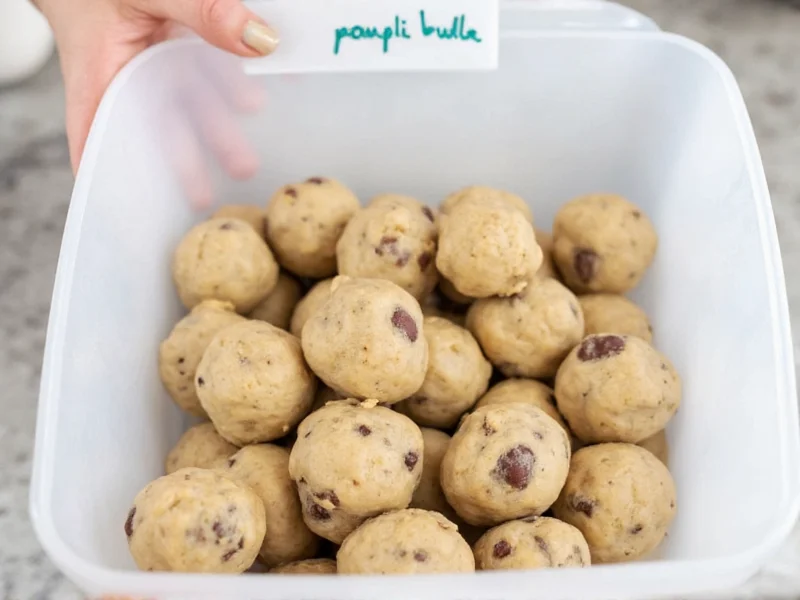 Frozen cookie dough balls in labeled storage container