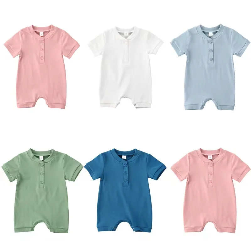 

Australia US Baby Rompers Summer Short Sleeve Organic Cotton Newborn Bodysuits Plain Front Buttons Cotton Baby Jumpsuits