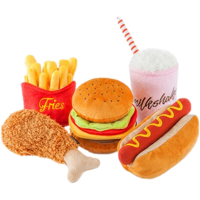

Pet Toys Set Stuffed Fries Hamburger Fried Chicken Hot Dog Squeaky Interactive Chew Dog Toys For Pet Toys, According to the pictures