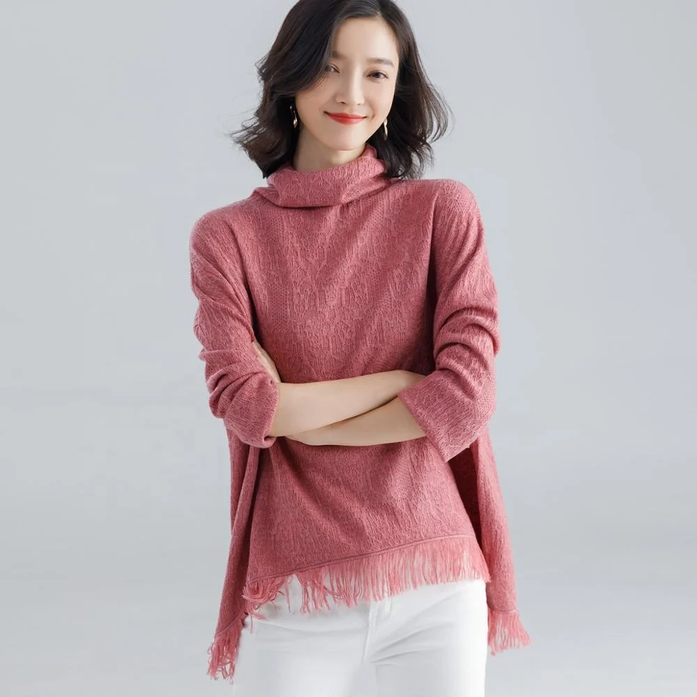 

B61553A Large size women's sweater autumn winter lace patchwork collar long sleeve tassel sweet knitting sweater, Rice white/skin red/camel