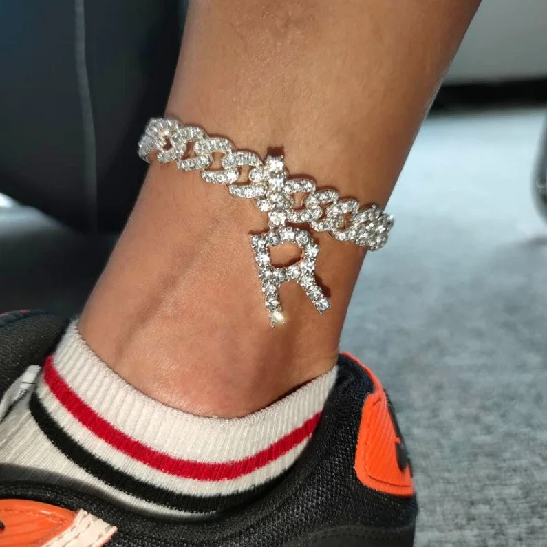 Exaggerate Crystal Rhinestone Bling Diamond Initial Letter Anklet Miami CZ Cubic Zirconia Iced Out Cuban Chain Anklet