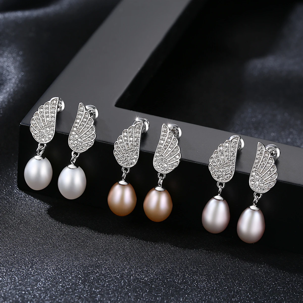 

925 Silver Earrings Zircon Multicolor Dainty Korean Angel Wing Pearl Earrings